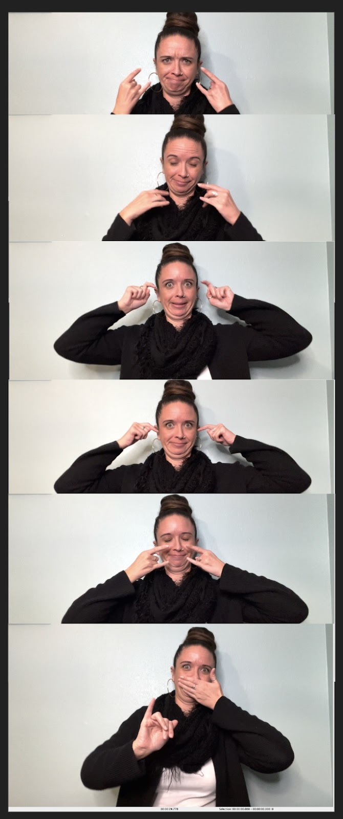 Column of Renca signing "mask" in different ways - 6 instances from MASKh to putting on the ear loops to showing MASKh on the face then the depictive form of the mask covering her mouth.