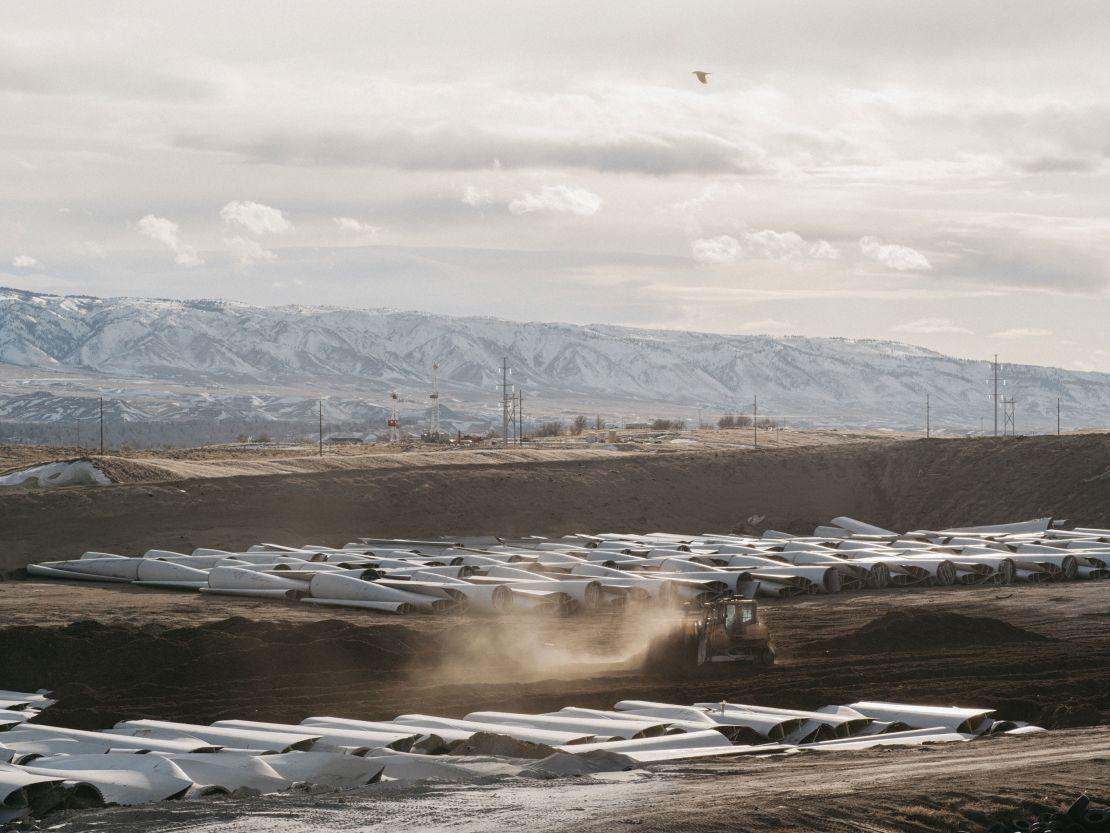 Wind turbine blades waiting to be  buried in the Casper Regional Landfill in Casper, Wyoming. 