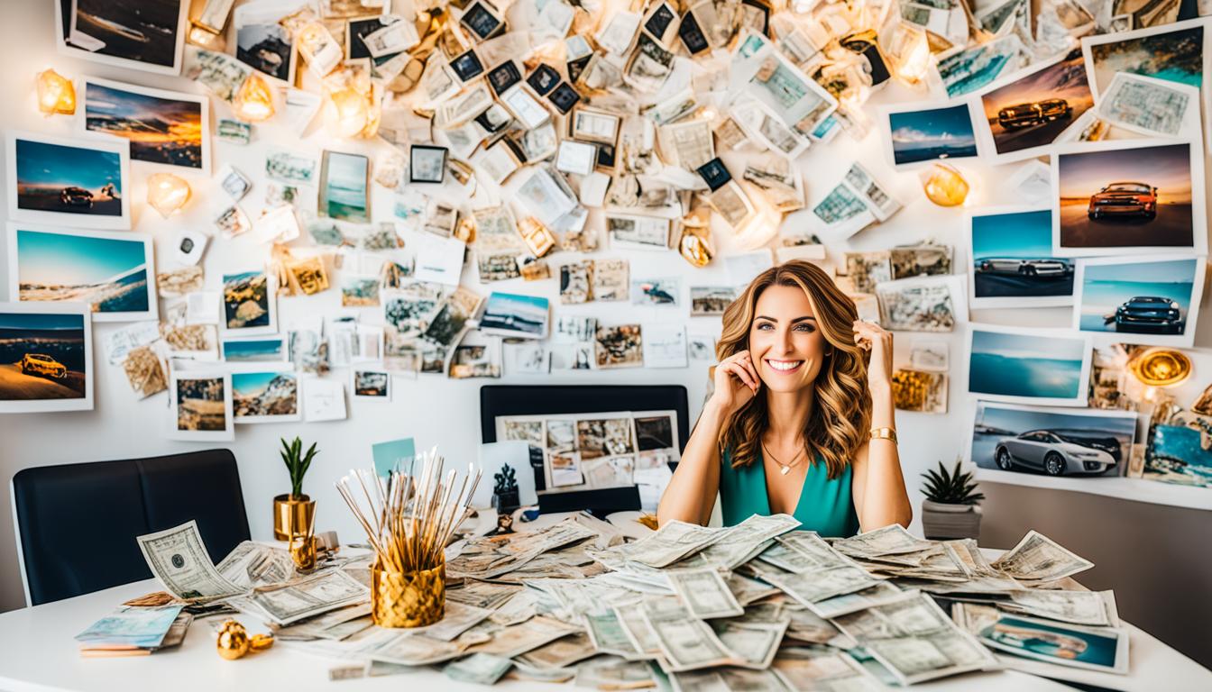 A woman surrounded by piles of money and luxurious items, visualizing her dream life. She is focused and determined, with a vision board in front of her filled with images of her goals, such as a new home, a fancy car, and exotic vacations. The room is filled with natural light, enhancing the atmosphere of positivity and abundance. Overflowing with gratitude for the wealth she is manifesting, she radiates joy and contentment.