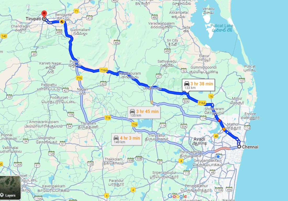 Chennai to Tirupati distance by car