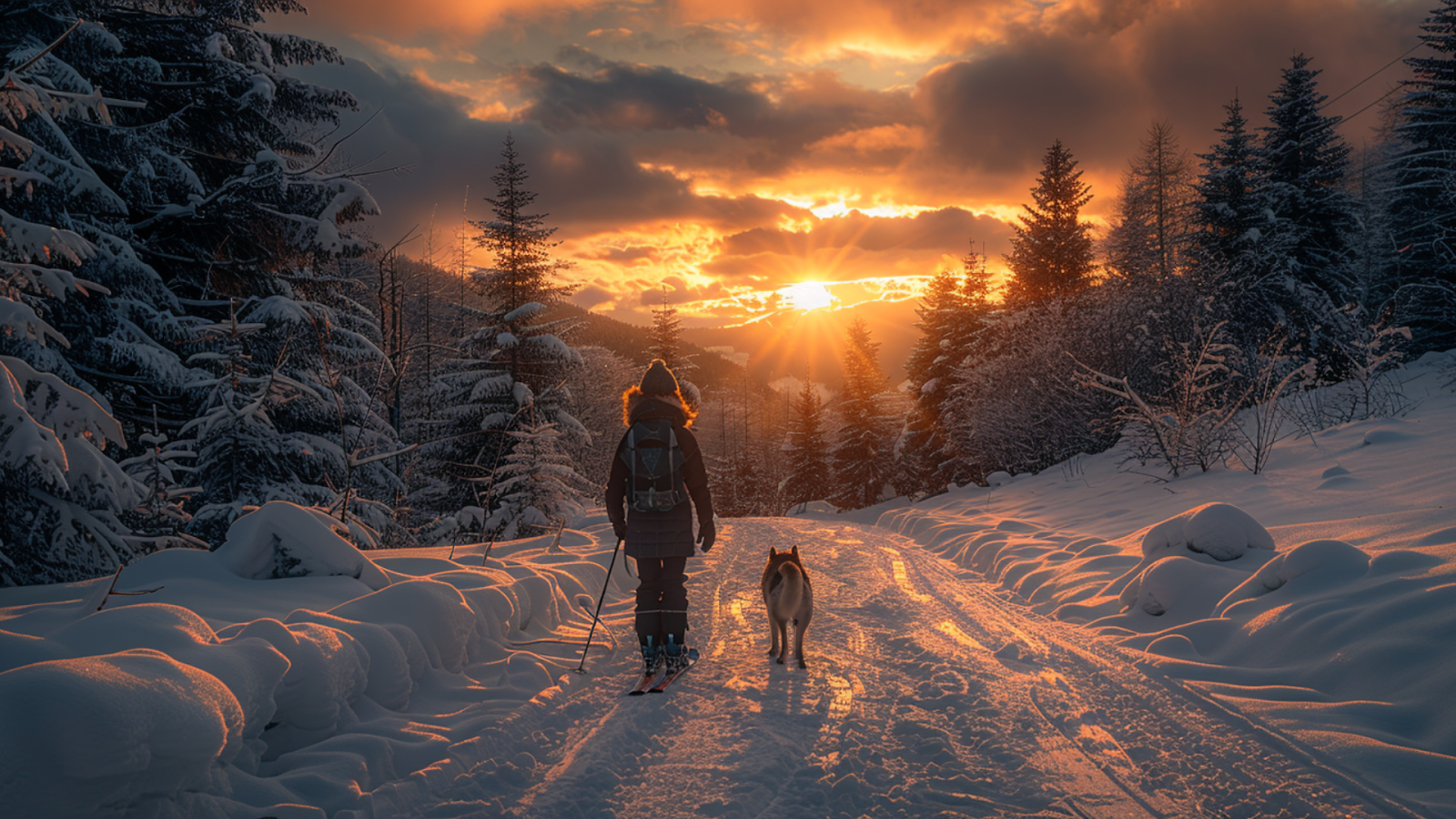 A man and his dog walking on a snow-covered path in Courchevel