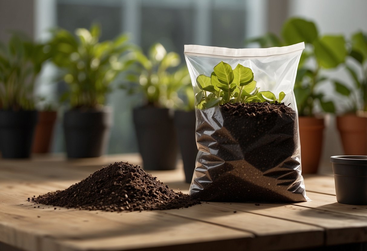 A bag of potting soil, perlite, and peat moss on a table. A Philodendron plant sits nearby, ready to be repotted