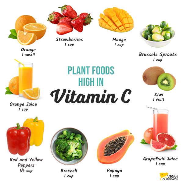 Plant foods high in vitamin C: Orange (1 small), Strawberries (1 cup), Mango (1 cup), Brussels sprouts (1 cup), Kiwi (1 fruit), Papaya (1 cup), Grapefruit juice (1 cup), Red and yellow peppers (1/4 cup), Broccoli (1 cup), Orange juice (1 cup)