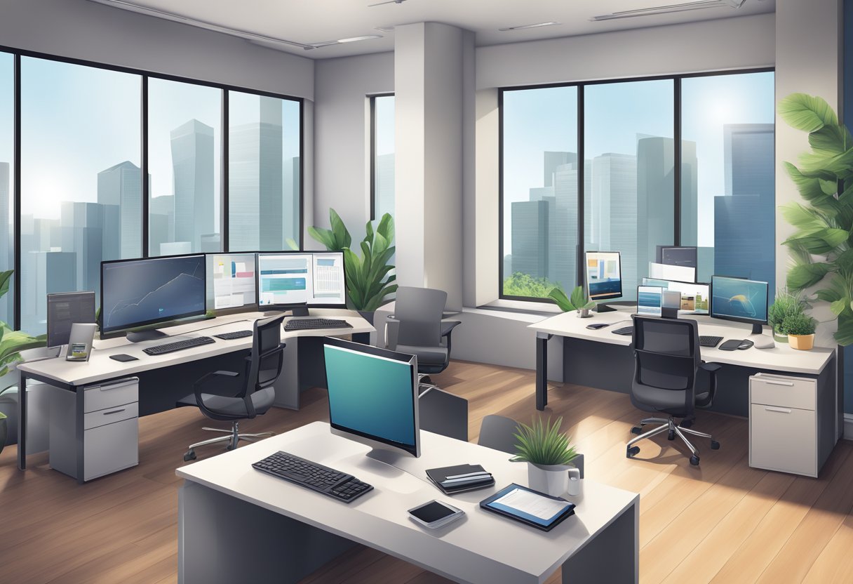 A modern office setting with computers, phones, and marketing materials showcasing real estate properties