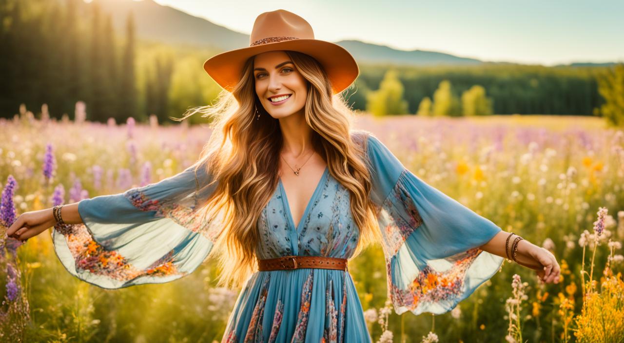A woman with long flowing hair wearing a flowy maxi dress and a wide-brimmed hat, standing in a field of wildflowers with a guitar slung over her shoulder. She is surrounded by colorful woven textiles, beaded jewelry, and leather sandals, all elements of boho fashion. The background should have a warm, sunlit glow and a hint of nature, like trees or mountains in the distance.