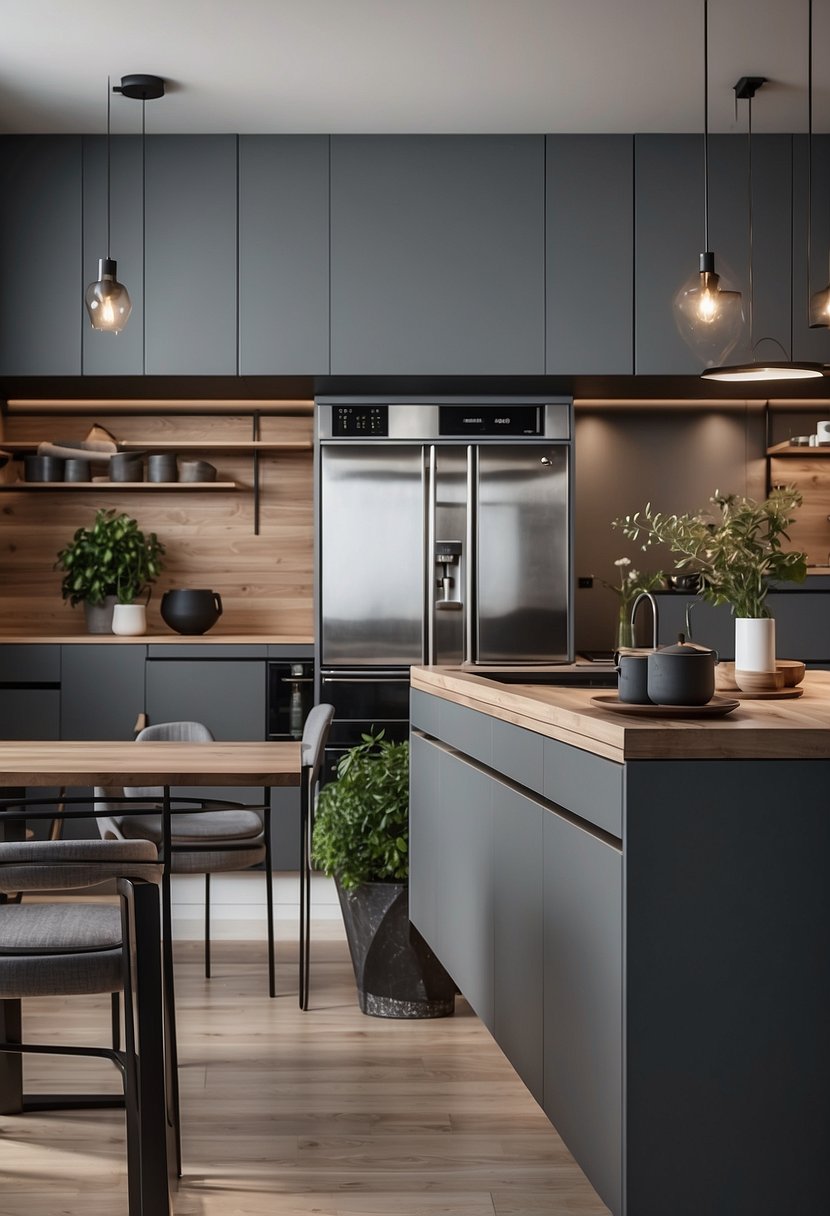 A modern kitchen with 35 gray cabinets, some with glass doors, creating a sleek and sophisticated look