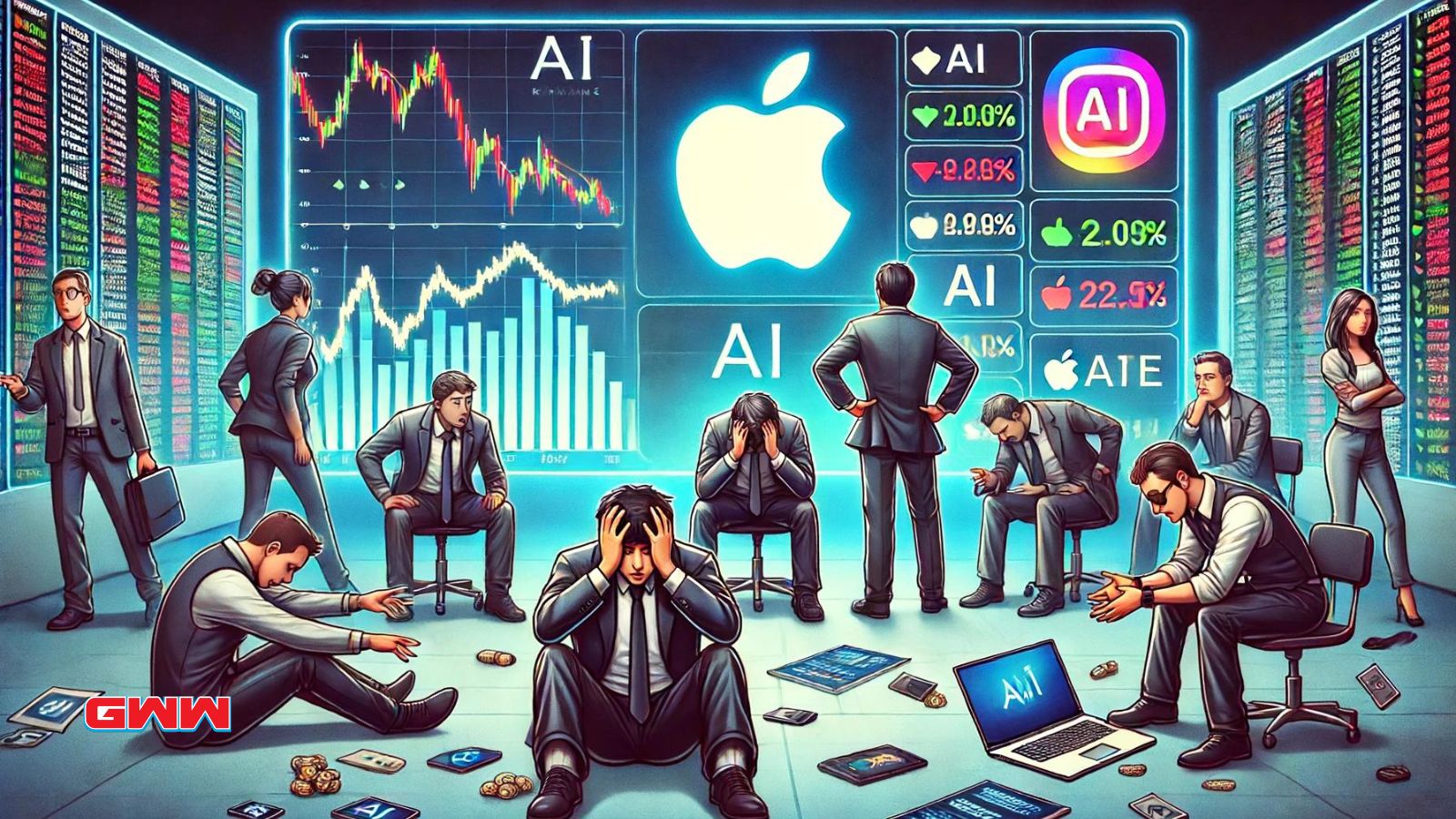 Businessmen in a trading room with AI, Apple logos, and fluctuating stocks