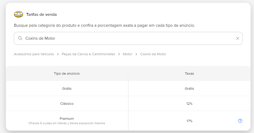 tarifas de vendas por categoria de produtos no mercado livre