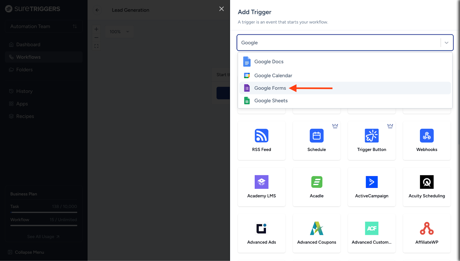 Add the Google Forms trigger