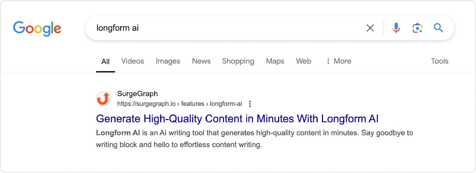 Screenshot of Google search results for 'Longform AI.'