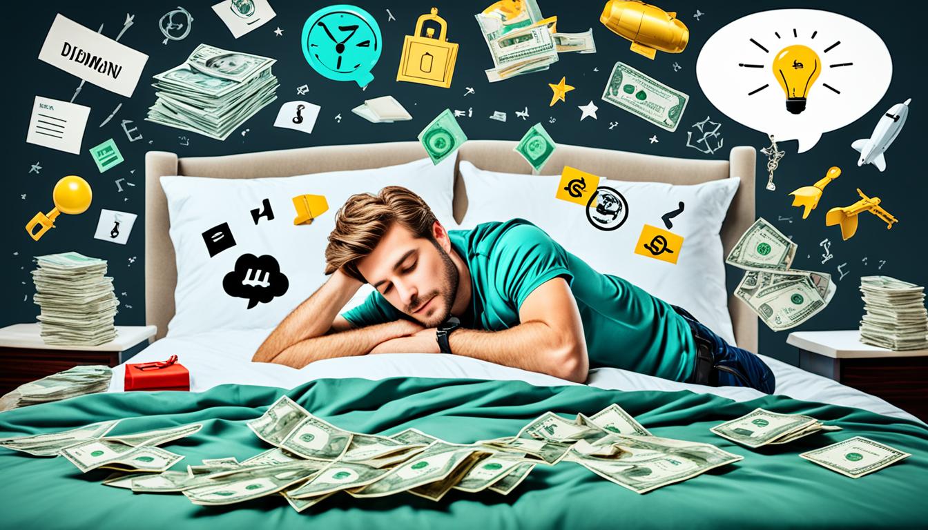 A person sleeping on a bed with a thought bubble above their head filled with symbols of success - a diploma, a key to a mansion, a yacht, a private jet, and a stack of cash. The symbols should be depicted as though the person is already in possession of them and they are enjoying the luxury and success that comes with it. The background should be a starry night sky to symbolize the limitless potential of their dreams.