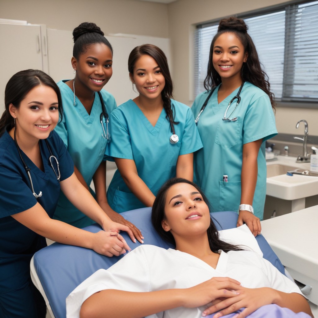 Medical assistant students with a patient