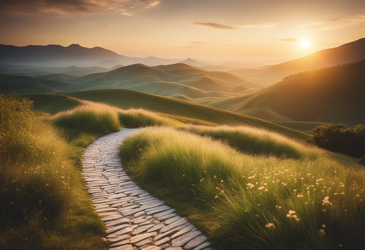 A serene landscape with a winding path leading towards a glowing horizon, symbolizing trust in God's plan