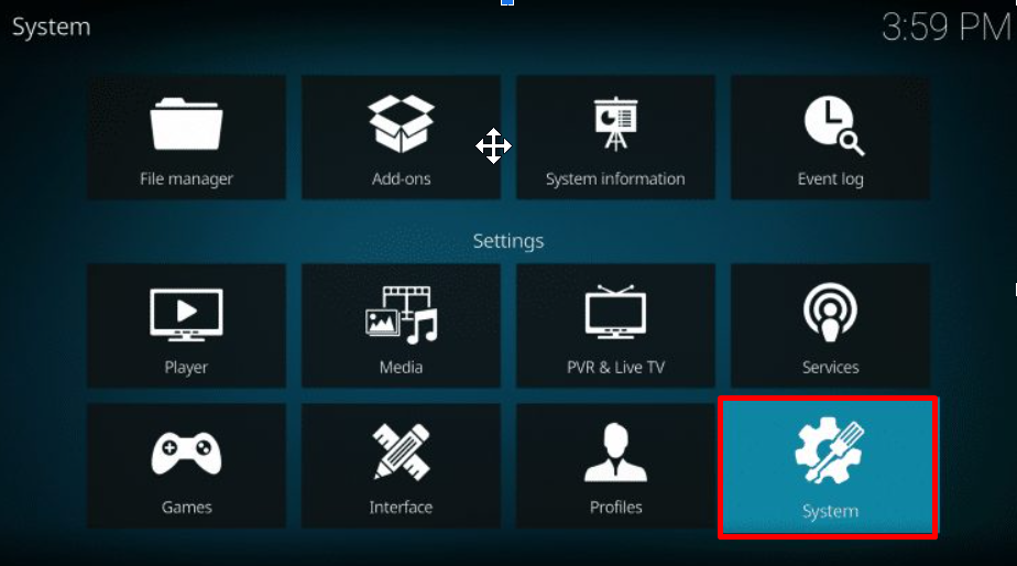 open setting of kodi