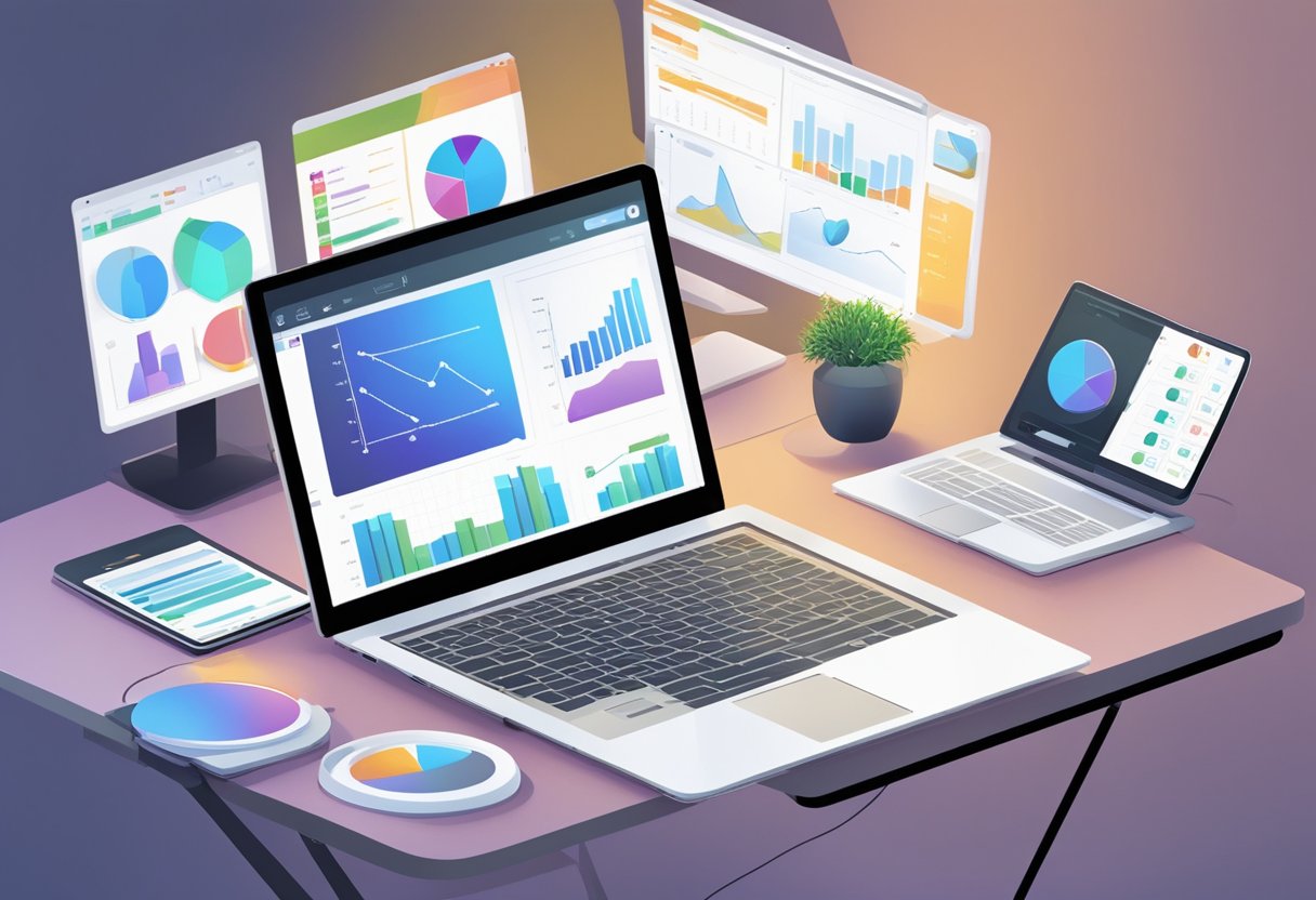 A laptop, tablet, and smartphone sit on a desk, displaying sales software and communication tools. A virtual meeting is shown on the screens, with charts and graphs visible