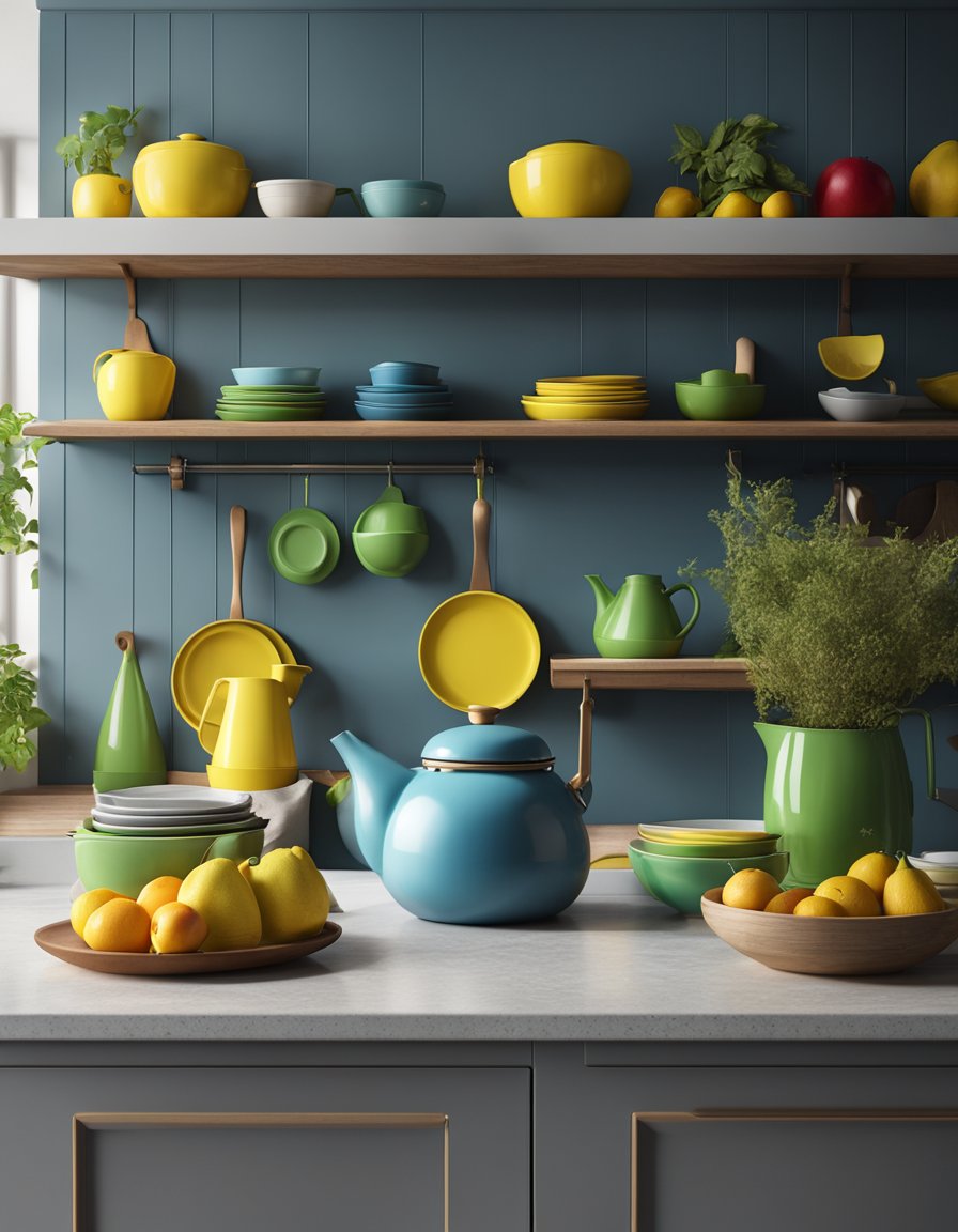 A light gray kitchen with colorful accents: blue, green, and yellow dishes on open shelves, a red kettle on the stove, and a vibrant fruit bowl on the counter