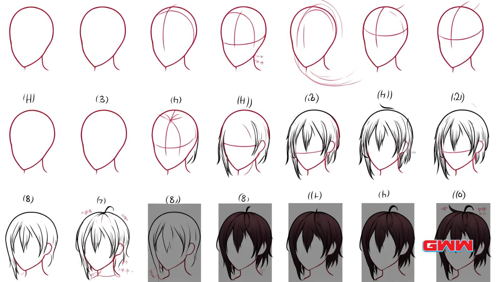 Anime girl hair step-by-step tutorial for drawing hairstyles