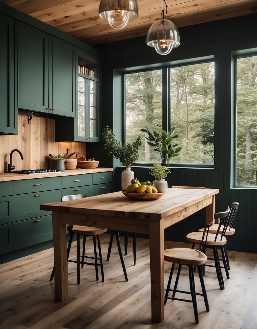 A cozy kitchen with Forest Green 41 cabinets, natural light, and a rustic wooden table