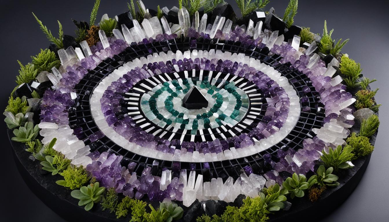 A cluster of amethyst crystals arranged in a circular pattern with clear quartz points radiating outwards towards the center. The center of the grid contains a piece of citrine surrounded by smaller pieces of rose quartz, green aventurine, and black tourmaline. The surrounding space is filled with plants and natural elements, creating a harmonious and peaceful atmosphere.