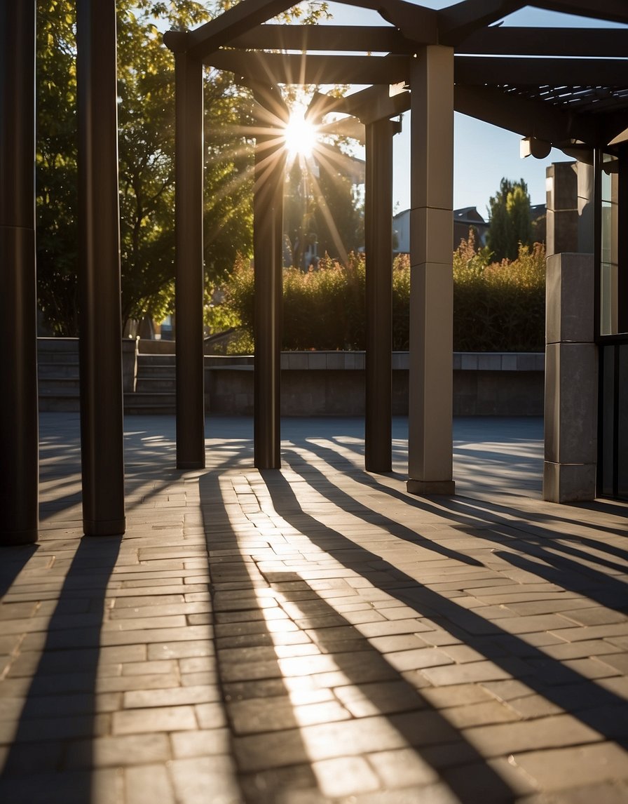 A pergola stands tall with checkerboard flooring underneath, creating a visually appealing pattern. The sunlight filters through the slats, casting interesting shadows on the ground