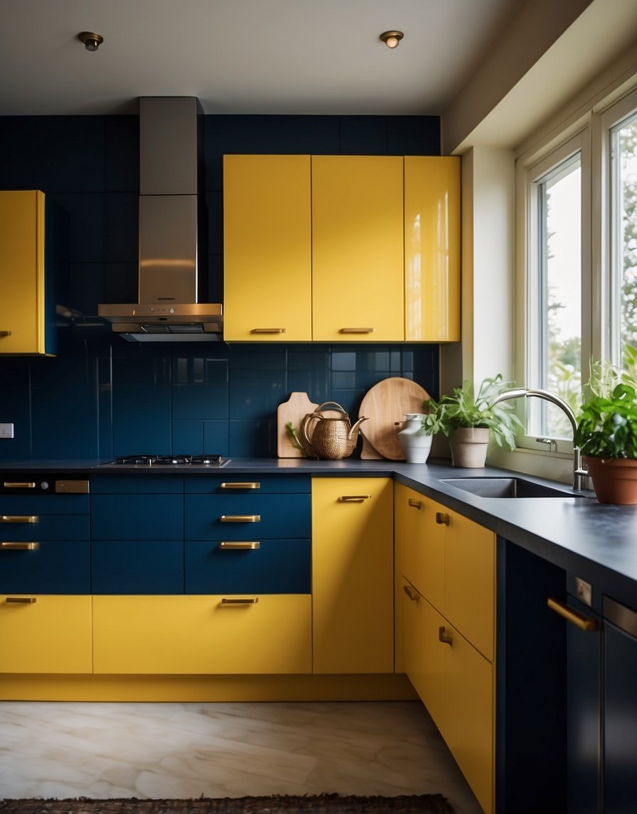 A bright, yellow kitchen cabinet exudes warmth and happiness, while a deep blue cabinet creates a sense of calm and tranquility. The contrasting colors create a balanced and inviting atmosphere in the kitchen