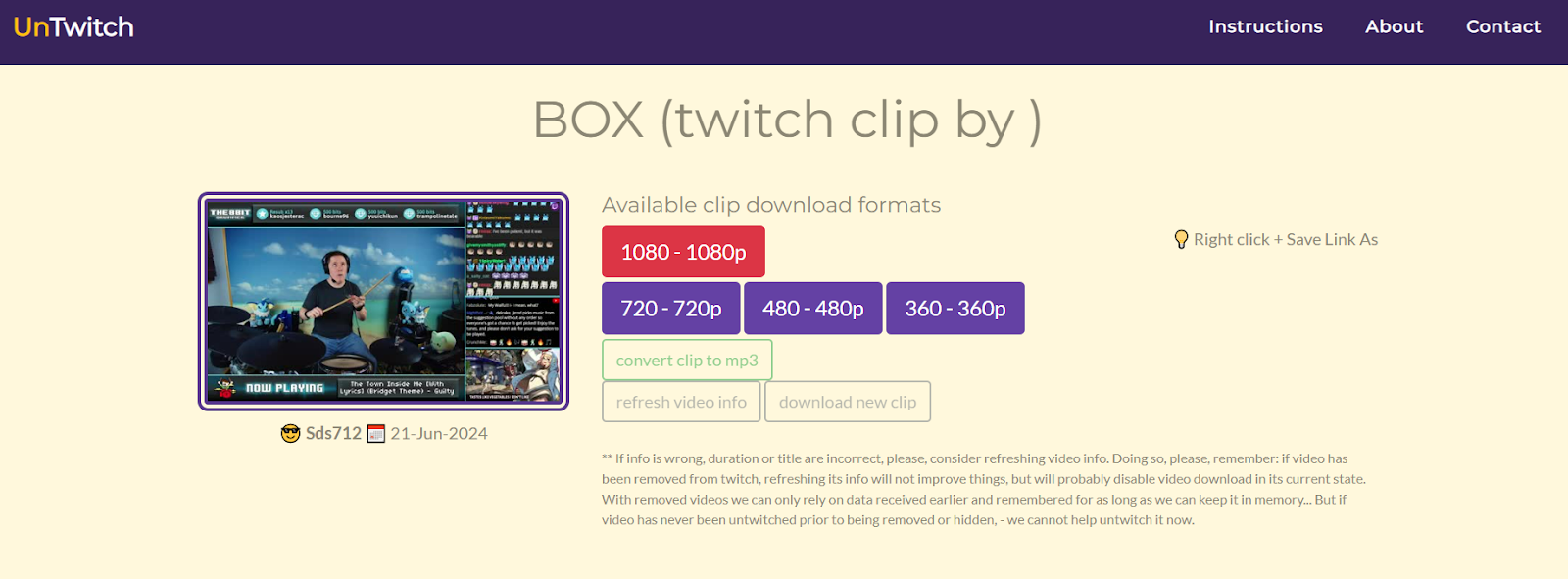 UnTwitch screenshot with clip download formates from 1080p to 360p, the “convert clip to mp3” button, the refresh video info feature, and a button for downloading another clip
