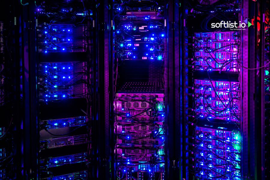 Illuminated data server racks in a dark data center.