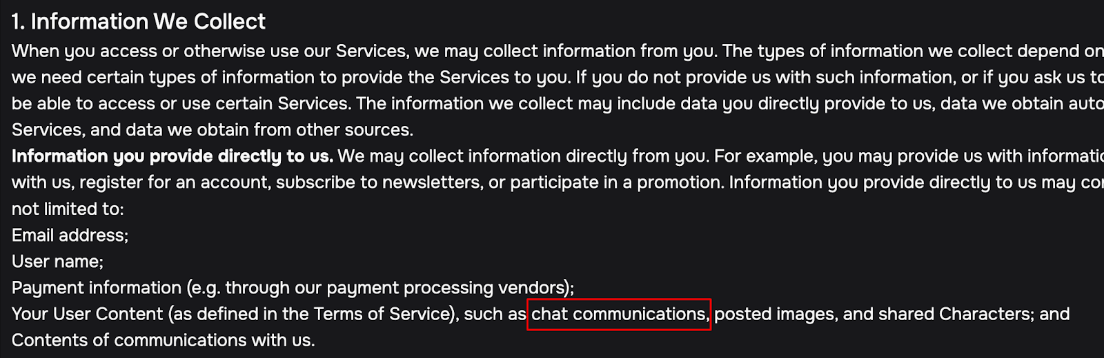 Statement in Character.ai's privacy policy