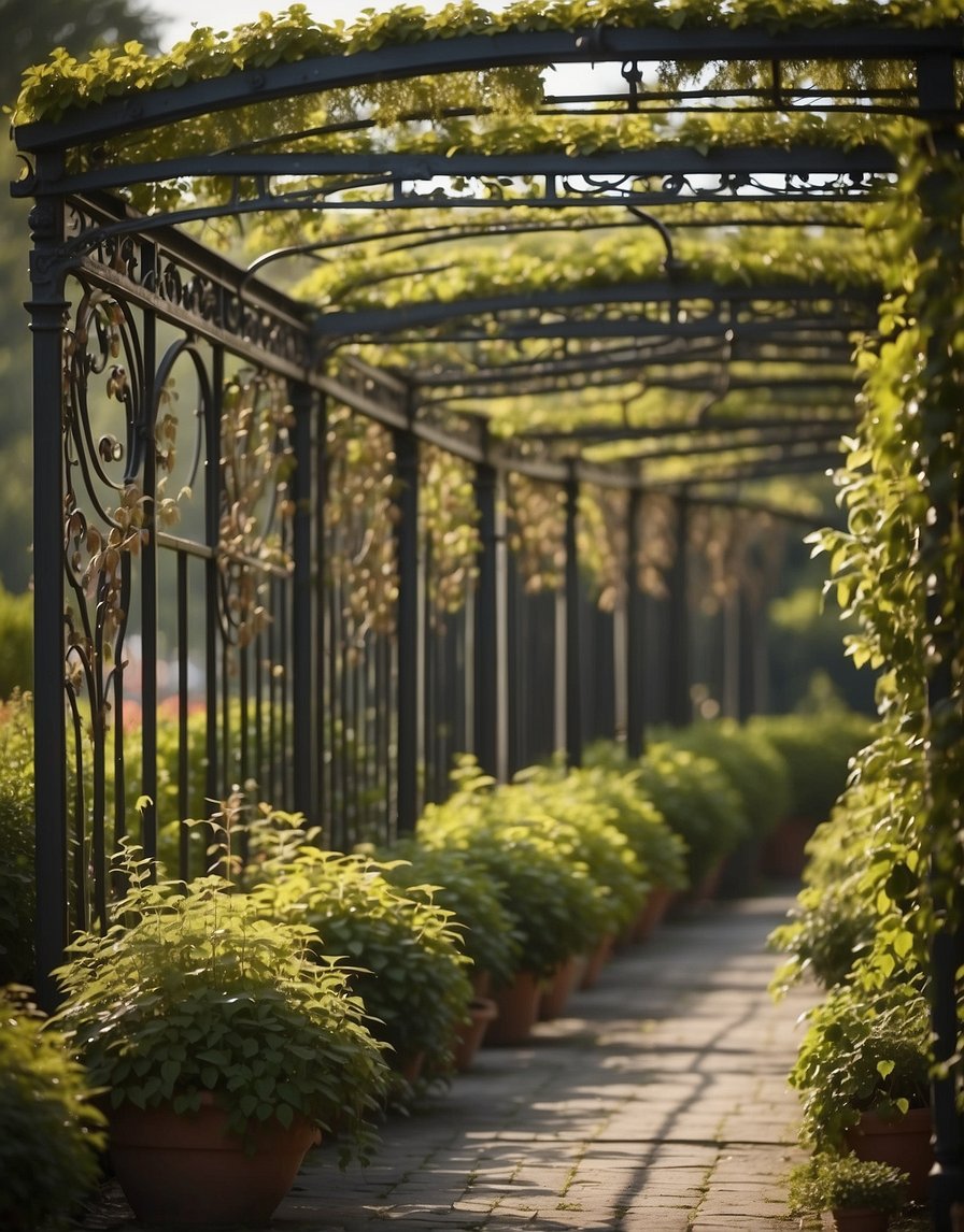 A weathered iron pergola stands adorned with intricate scrollwork and draped with climbing vines, evoking a sense of antique charm and nostalgia