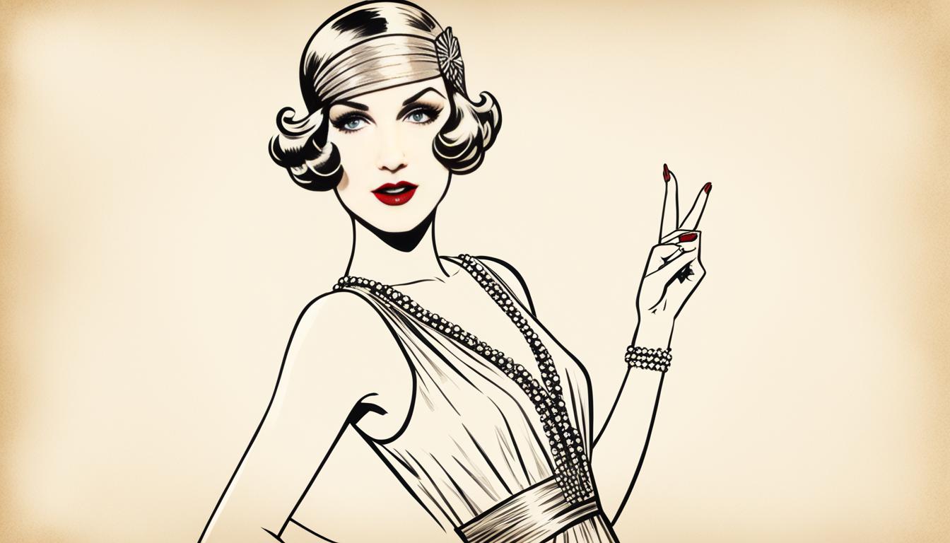 A sketch of a model wearing a classic 1920s flapper dress, paired with a bold red lip and finger waves hairstyle. The background should feature a sepia-toned image of women protesting for their right to vote, symbolizing the evolution of women's fashion and empowerment in the early 20th century.