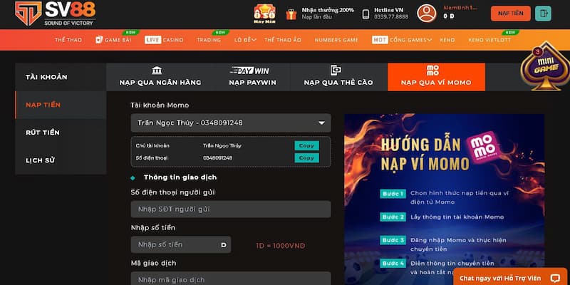 Nạp SV88 qua ví momo siêu nhanh chóng