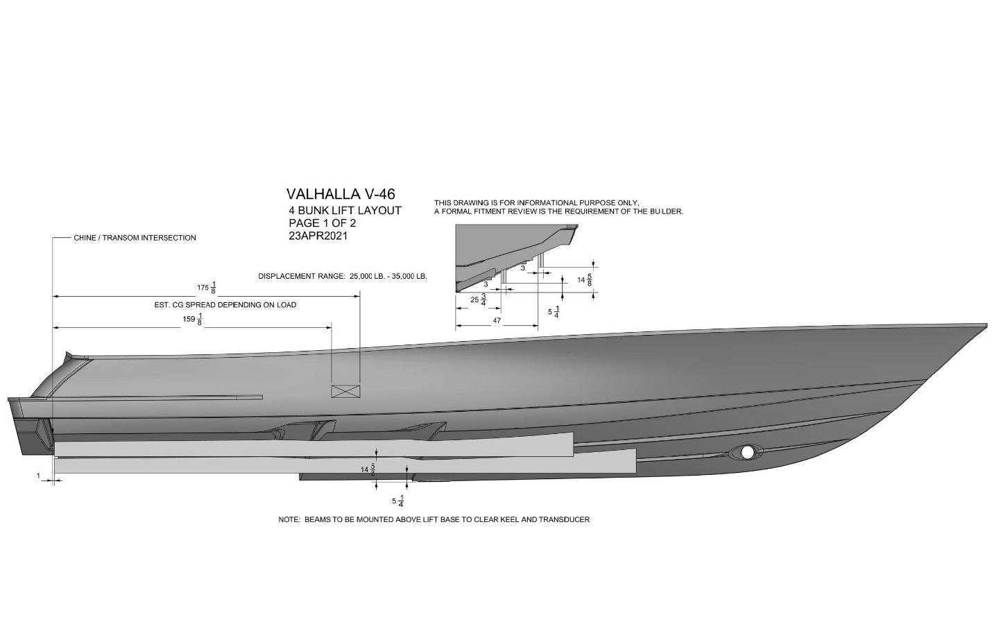 Hull drawing of the Valhalla V-46 showing center of gravity and hull features