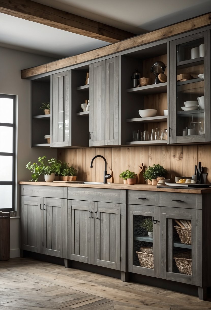 Rustic gray cabinets with weathered wood in a cozy kitchen setting. Cabinets are aged and worn, adding character to the space