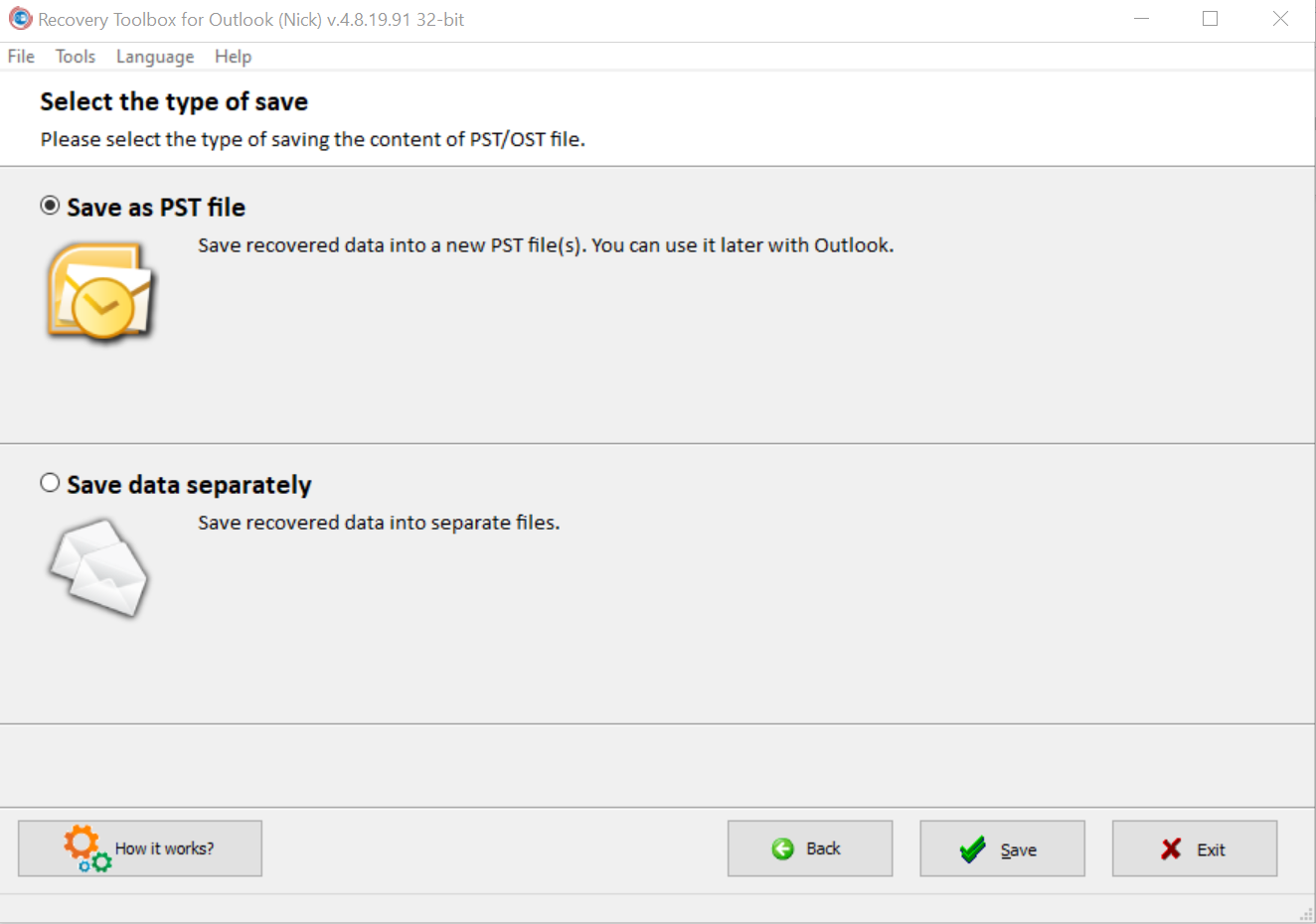 Select the type of save: PST file or separate files.