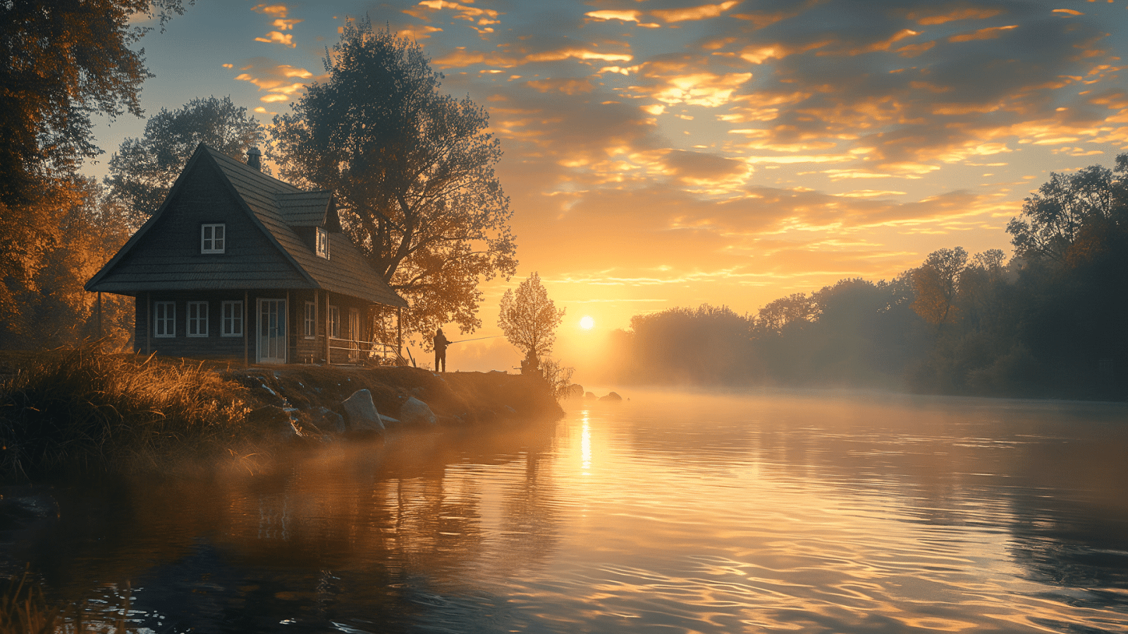 A silhouetted figure fishing at dawn near a quaint fishing cottage by a foggy lakeside
