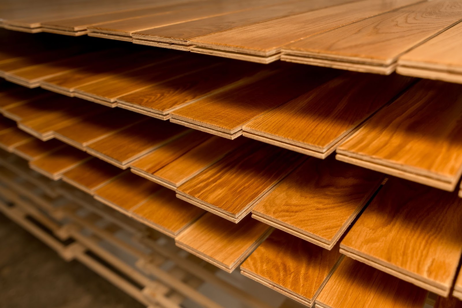 Floor boards drying in a factory.