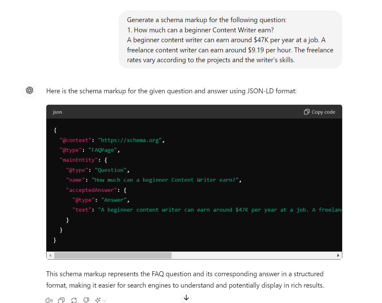 Prompt and result of creating schema markup for ChatGPT