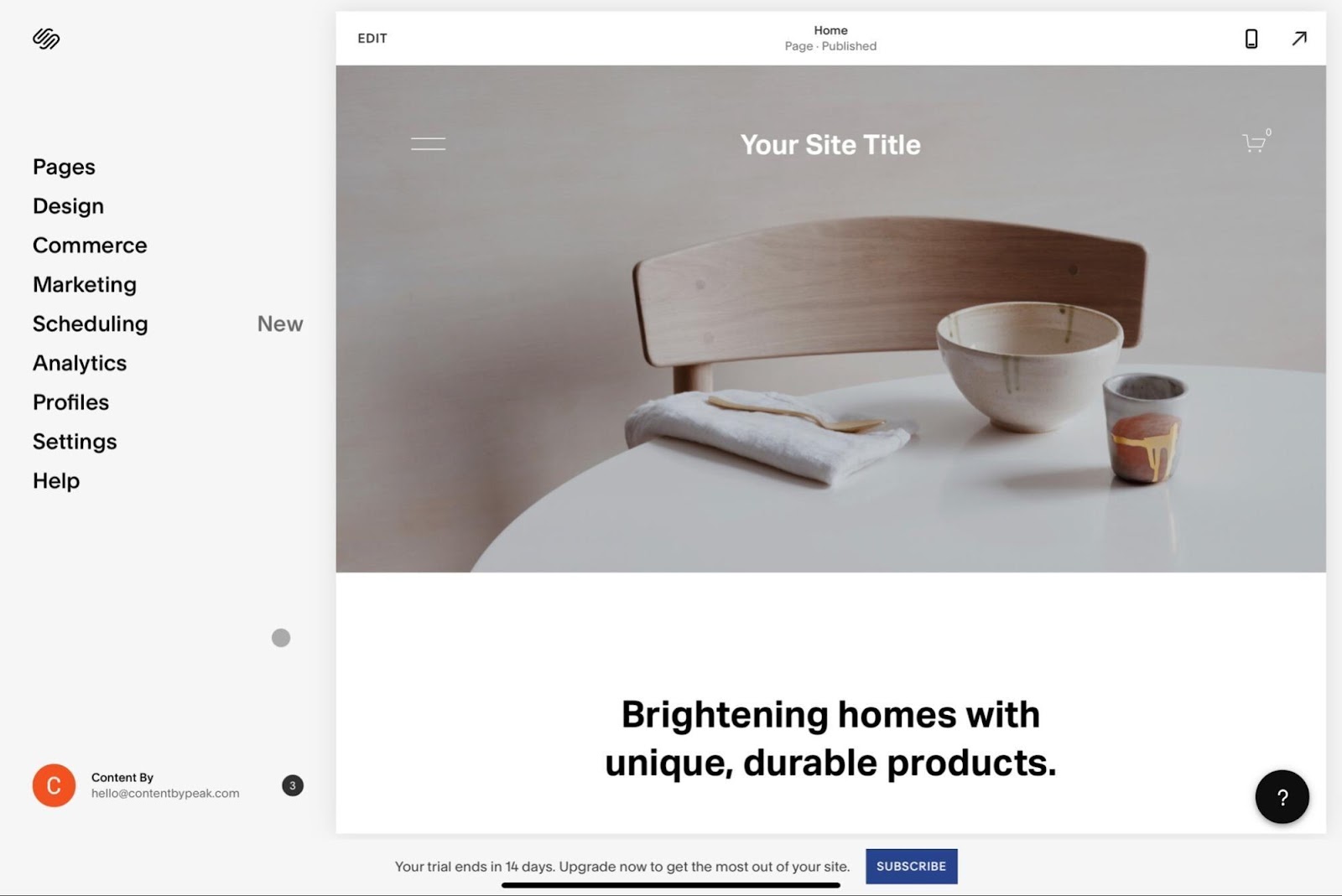 A Squarespace template for a home accessories store with a wooden chair, bowl and napkin