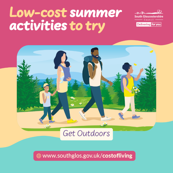 A family walking in the woods. Text reads: Low-cost summer activities to try. Get outdoors.