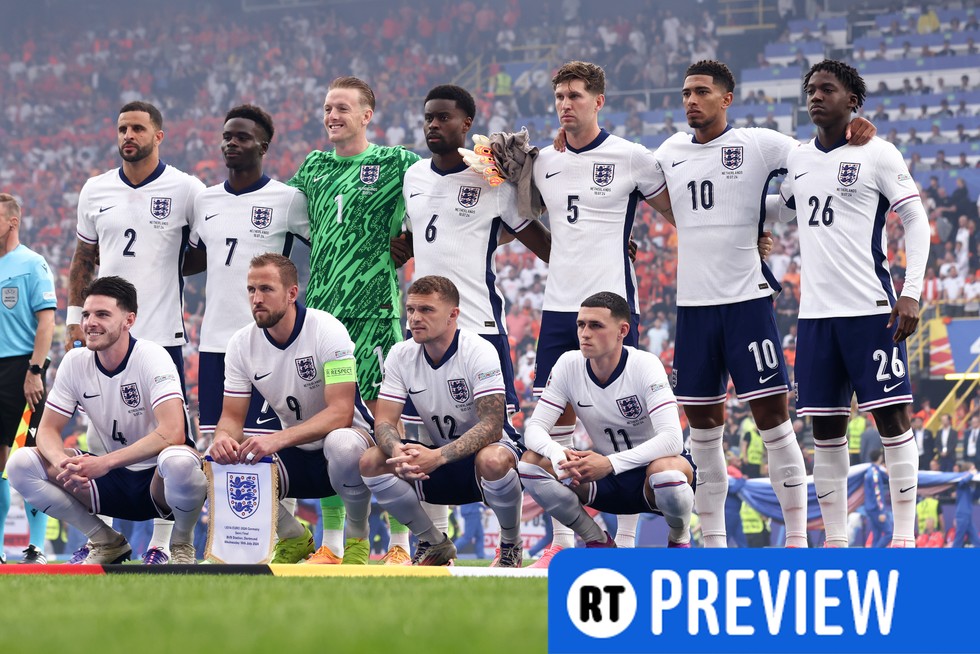 Kyle Walker, Bukayo Saka, Jordan Pickford, Marc Guehi, John Stones, Jude Bellingham, Kobbie Mainoo, Declan Rice, Harry Kane, Kieran Trippier and Phil Foden lining up for England on the pitch before a match.