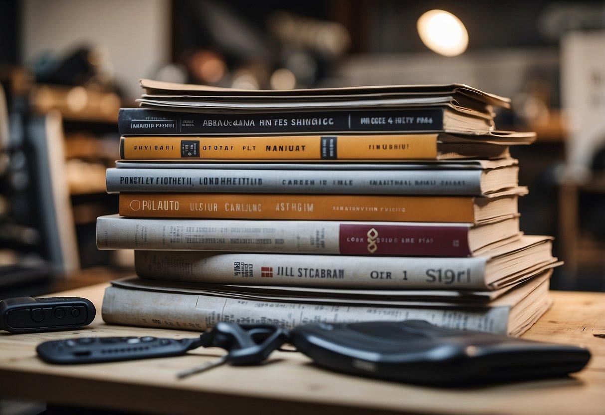 A stack of outdated Hayes car manuals sits untouched, while a new, more affordable workshop manual takes their place on a cluttered workbench