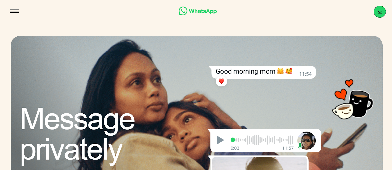 WhatsApp website snapshot highlighting the services it offers.