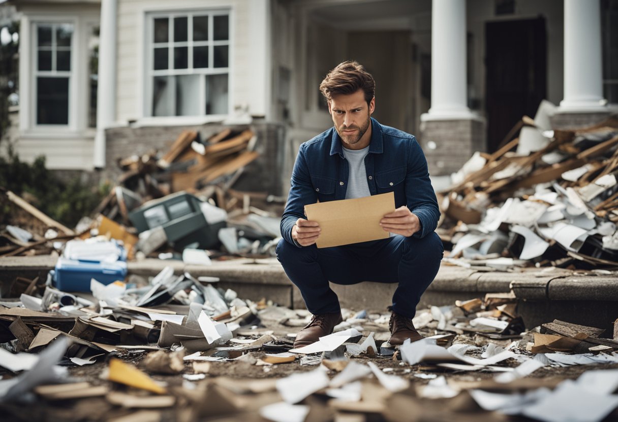 A frustrated individual holds a denial letter from their insurance company while standing in front of their damaged property. The person is surrounded by scattered debris and broken items, highlighting the extent of the damage