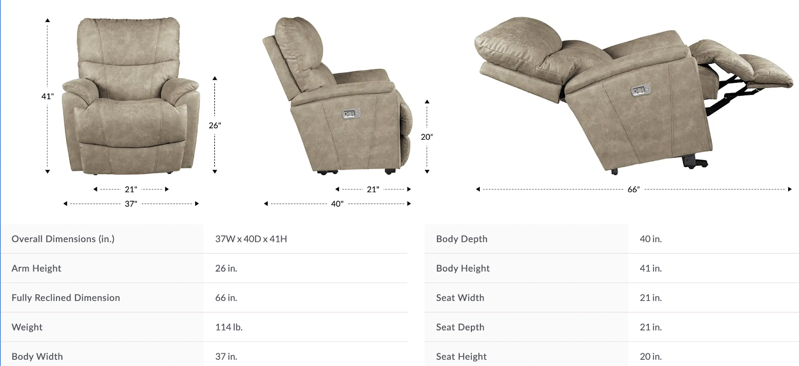 trouper power wall recliner w/ headrest & lumbar dimensions