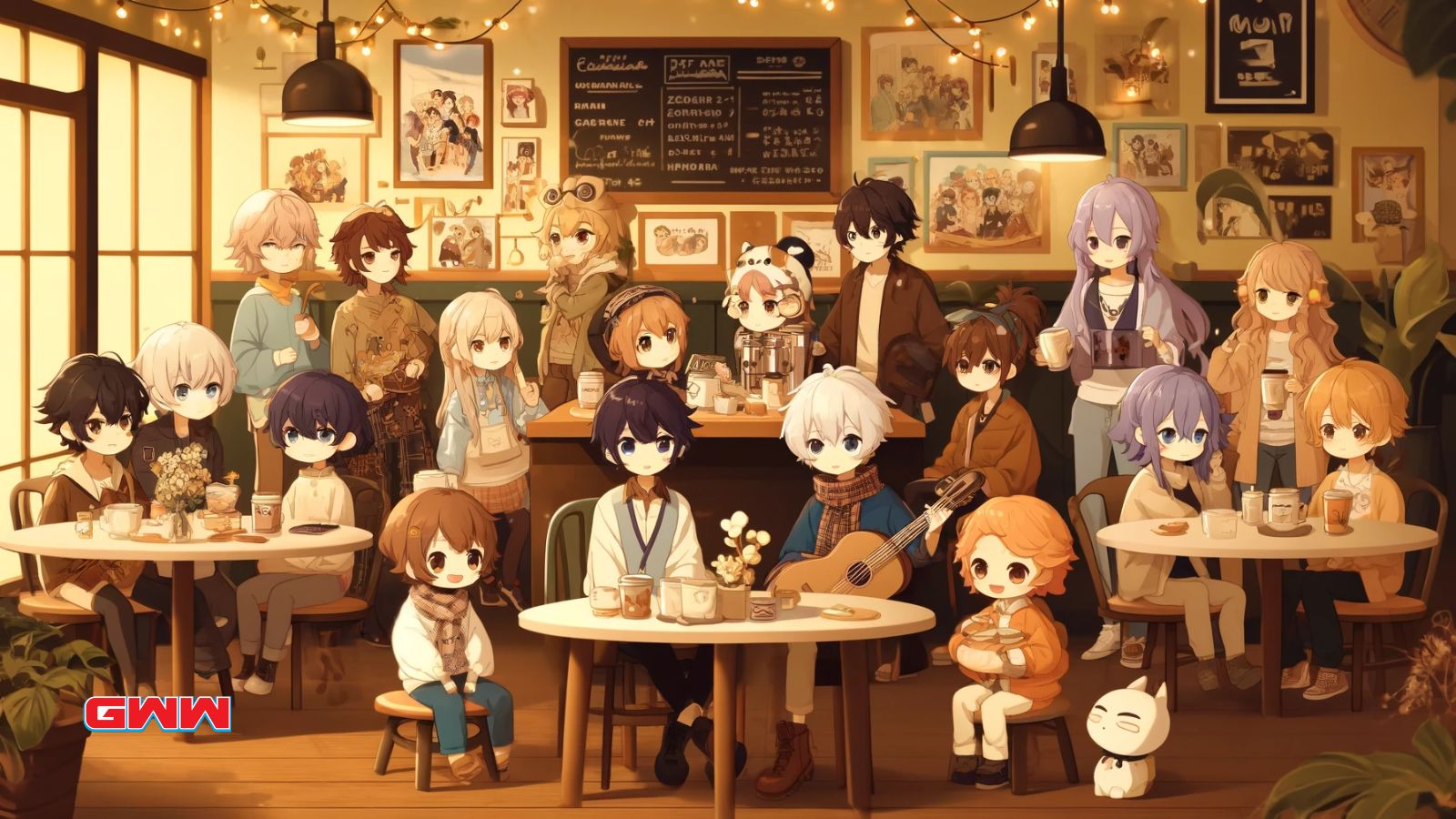 Kawaii anime characters in a cozy café environment