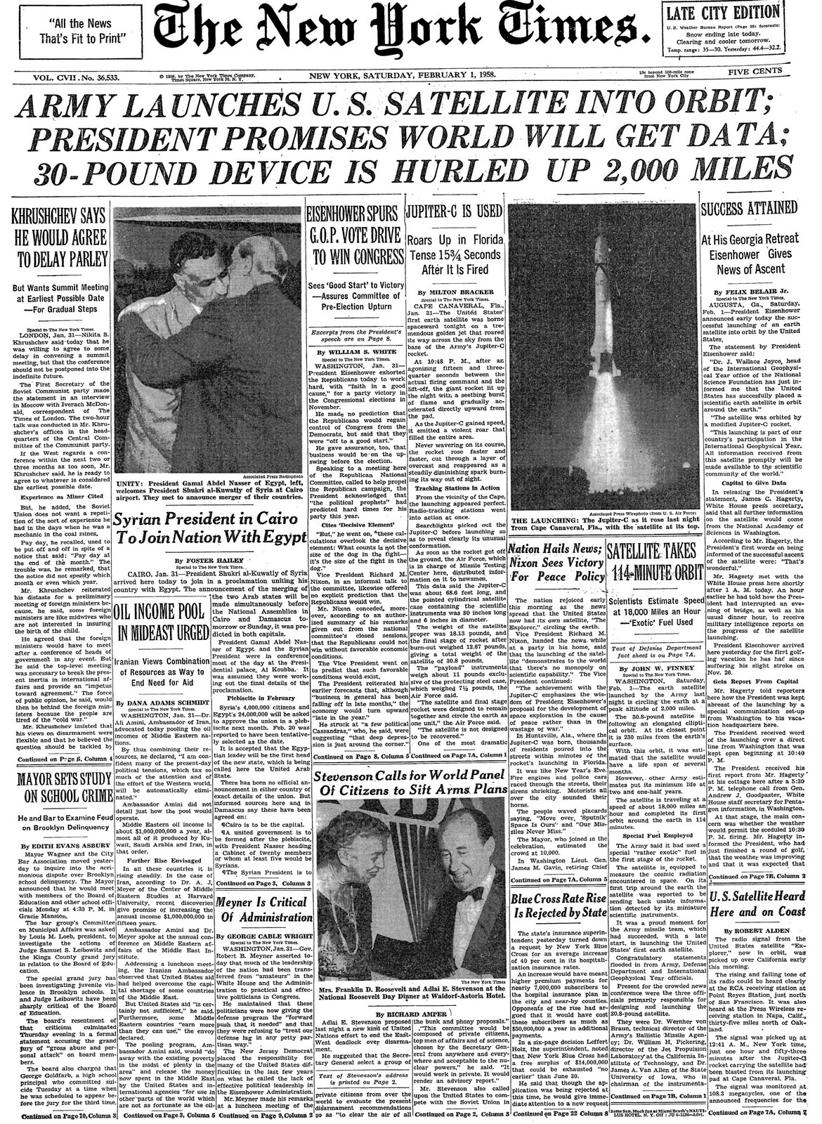 Saturday, February 1, 1958 – The New York Times Front Page