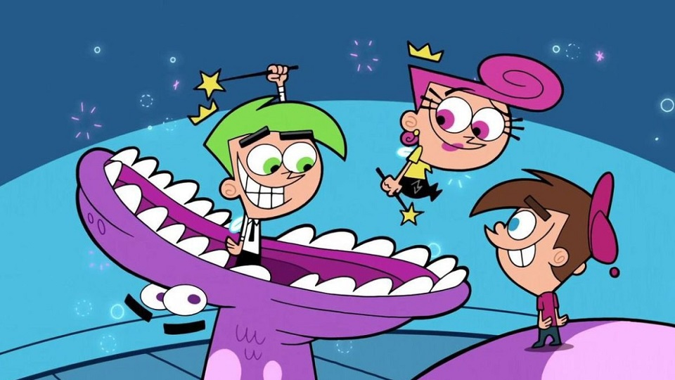 Personajes de 'Los Padrinos Mágicos' en una escena divertida, con Cosmo dentro de la boca de un monstruo morado, Wanda flotando con una varita mágica, y Timmy Turner observando sonriente.