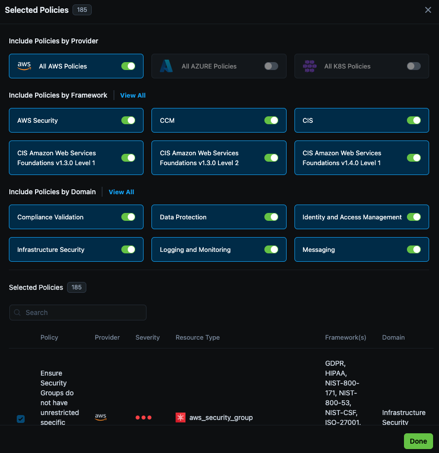 Policy selection screen