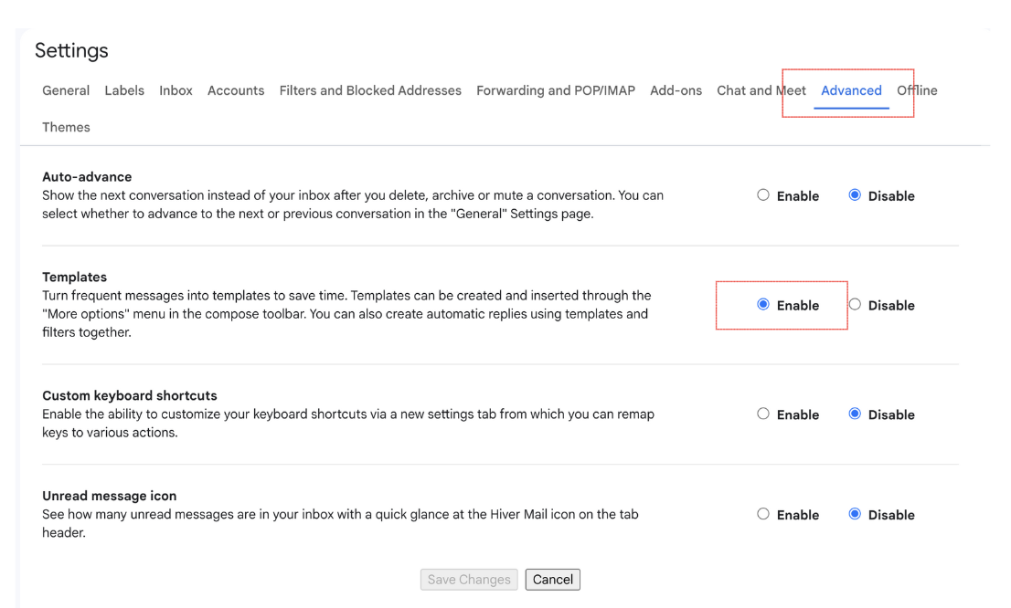 Enabling templates option from the settings