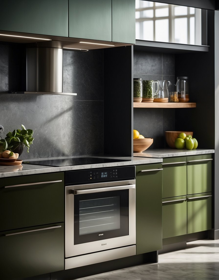 A modern kitchen with olive drab cabinets, sleek countertops, and stainless steel appliances. The natural light floods in, highlighting the rich green tones